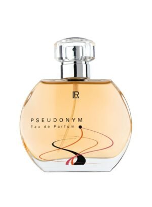 Flacon élégant de parfum Pseudonym LR de forme ovale, avec liquide ambré et décor abstrait