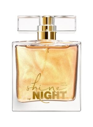 Flacon doré scintillant du parfum Shine by Night de LR avec capuchon transparent et doré