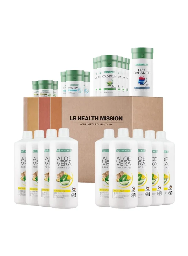 Coffret LR Health Mission 3 mois avec gel à boire Aloe Vera Immune Plus, compléments Pro Balance, Colostrum et Pro 12+