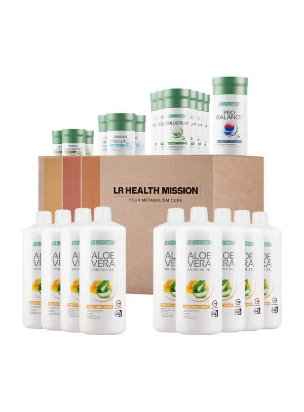 Pack LR Health Mission 3 mois avec gel à boire Aloe Vera goût miel, compléments Colostrum, Pro Balance et Pro 12+