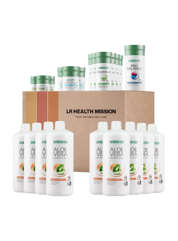 Pack LR Health Mission 3 mois avec gel à boire Aloe Vera goût pêche, compléments Pro Balance, Colostrum et Pro 12+